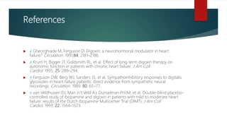 References
 ↵ Gheorghiade M, Ferguson D. Digoxin: a neurohormonal modulator in heart
failure? Circulation. 1991;84: 2181–2186.
 ↵ Krum H, Bigger JT, Goldsmith RL, et al. Effect of long-term digoxin therapy on
autonomic function in patients with chronic heart failure. J Am Coll
Cardiol. 1995; 25: 289–294.
 ↵ Ferguson DW, Berg WJ, Sanders JS, et al. Sympathoinhibitory responses to digitalis
glycosides in heart failure patients: direct evidence from sympathetic neural
recordings. Circulation. 1989; 80: 65–77.
 ↵ van Veldhuisen DJ, Man in’t Veld AJ, Dunselman PHJM, et al. Double-blind placebo-
controlled study of ibopamine and digoxin in patients with mild to moderate heart
failure: results of the Dutch Ibopamine Multicenter Trial (DIMT). J Am Coll
Cardiol. 1993; 22: 1564–1573.
 