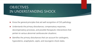 OBJECTIVES
IN UNDERSTANDING SHOCK
 Know the general principles that aid well recognition of CVS pathology
 Understands the primary disturbances, compensatory responses,
decompensatory processes, and possible therapeutic interventions that
pertain to various abnormal cardiovascular situations:
 Identifies the primary disturbances that can account for cardiogenic,
hypovolemic, anaphylactic, septic, and neurogenic shock states.
 