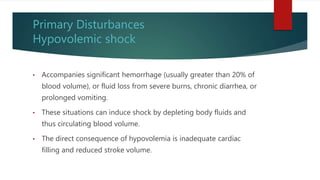Primary Disturbances
Hypovolemic shock
• Accompanies significant hemorrhage (usually greater than 20% of
blood volume), or fluid loss from severe burns, chronic diarrhea, or
prolonged vomiting.
• These situations can induce shock by depleting body fluids and
thus circulating blood volume.
• The direct consequence of hypovolemia is inadequate cardiac
filling and reduced stroke volume.
 
