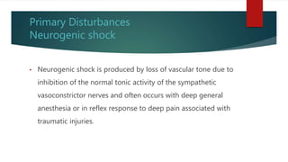 Primary Disturbances
Neurogenic shock
• Neurogenic shock is produced by loss of vascular tone due to
inhibition of the normal tonic activity of the sympathetic
vasoconstrictor nerves and often occurs with deep general
anesthesia or in reflex response to deep pain associated with
traumatic injuries.
 