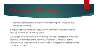 Compensatory Mechanisms
• Additional compensatory processes initiated during the shock state may
include the following:
1. Rapid and shallow breathing occurs, which promotes venous return to the
heart by action of the respiratory pump.
2. Increased renin release from the kidney as a result of sympathetic stimulation
promotes the formation of the hormone, angiotensin II, which is a potent
vasoconstrictor and participates in the increase in total peripheral resistance even
in mild shock states.
 