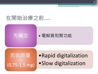 在開始治療之前…..
• 電解質和腎功能先確定
•Rapid digitalization
•Slow digitalization
起始劑量
(0.75-1.5 mg)
3
 