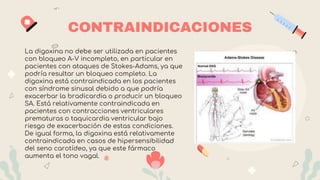 CONTRAINDICACIONES
La digoxina no debe ser utilizada en pacientes
con bloqueo A-V incompleto, en particular en
pacientes con ataques de Stokes-Adams, ya que
podría resultar un bloqueo completo. La
digoxina está contraindicada en los pacientes
con síndrome sinusal debido a que podría
exacerbar la bradicardia o producir un bloqueo
SA. Está relativamente contraindicada en
pacientes con contracciones ventriculares
prematuras o taquicardia ventricular bajo
riesgo de exacerbación de estas condiciones.
De igual forma, la digoxina está relativamente
contraindicada en casos de hipersensibilidad
del seno carotídeo, ya que este fármaco
aumenta el tono vagal.
 