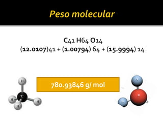 C41 H64 O14
(12.0107)41 + (1.00794) 64 + (15.9994) 14
780.93846 g/ mol
 