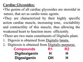 Cardiac Glycosides:
•The genins of all cardiac glycosides are steroidal in
nature, that act as cardio tonic agents.
•They are characterized by their highly specific
action cardiac muscle, increasing tone, excitability
and contractility of this muscle, thus allowing the
weakened heart to function more efficiently.
•There are two main constituents of Digitalis plant.
1. Digoxin is obtained from Digitalis lanata.
2. Digitoxin is obtained from Digitalis purpurae.
Compounds R1 R2
Digitoxigenin H H
Digoxigenin OH H
 