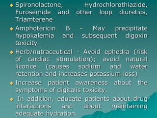  Spironolactone, Hydrochlorothiazide, 
Furosemide and other loop diuretics, 
Triamterene 
 Amphotericin B - May precipitate 
hypokalemia and subsequent digoxin 
toxicity 
 Herb/nutraceutical - Avoid ephedra (risk 
of cardiac stimulation); avoid natural 
licorice (causes sodium and water 
retention and increases potassium loss) 
 Increase patient awareness about the 
symptoms of digitalis toxicity. 
 In addition, educate patients about drug 
interactions and about maintaining 
adequate hydration. 
 