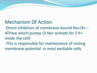 Mechanism Of Action
-Direct inhibition of membrane-bound Na+/K+ -
ATPase which pumps (3 Na+ outside for 2 K+
inside the cell)
-This is responsible for maintenance of resting
membrane potential in most excitable cells.
 