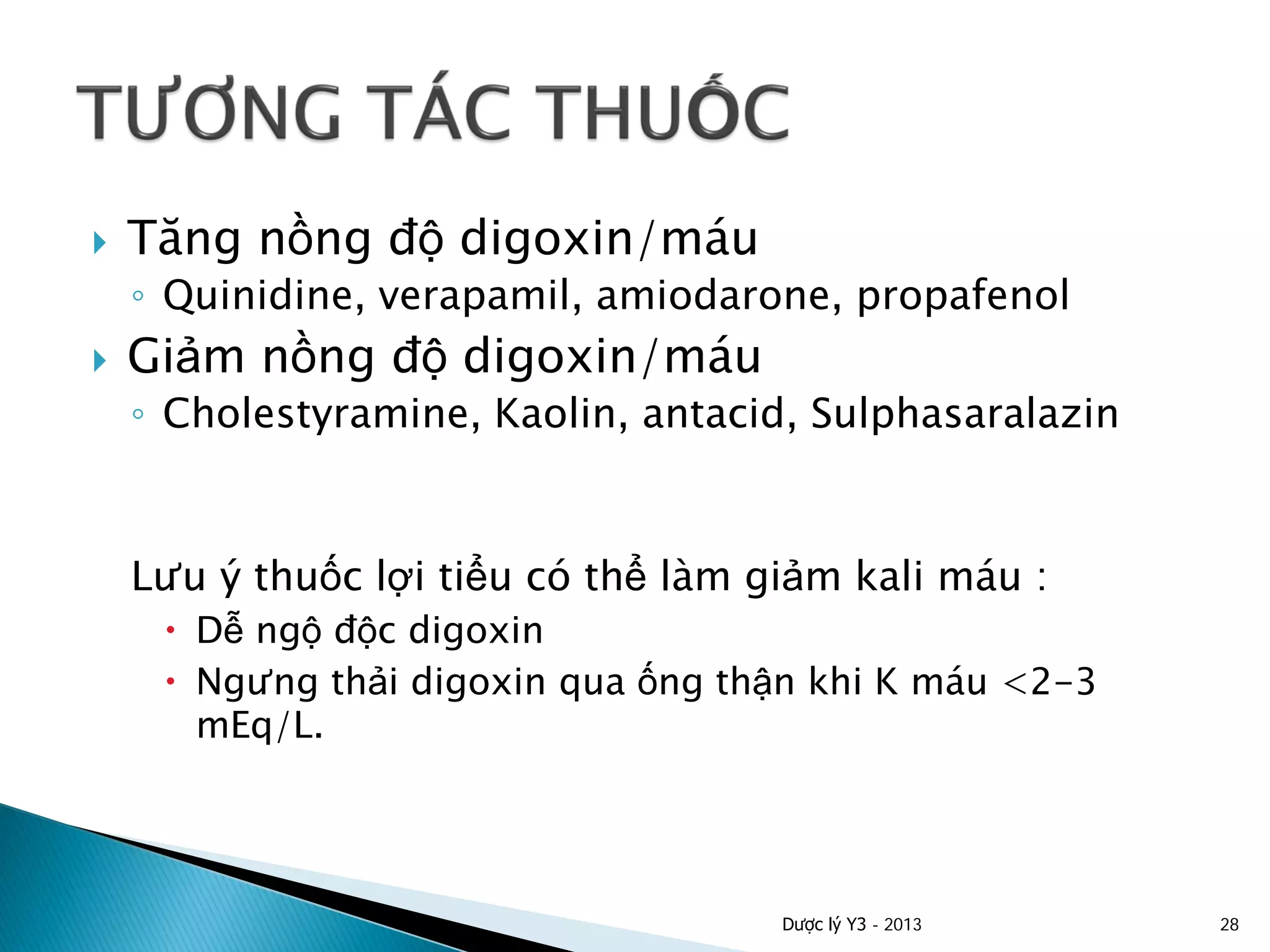  Tăng nồng độ digoxin/máu
◦ Quinidine, verapamil, amiodarone, propafenol
 Giảm nồng độ digoxin/máu
◦ Cholestyramine, Kaolin, antacid, Sulphasaralazin
Lưu ý thuốc lợi tiểu có thể làm giảm kali máu :
 Dễ ngộ độc digoxin
 Ngưng thải digoxin qua ống thận khi K máu <2-3
mEq/L.
Dược lý Y3 - 2013 28
 
