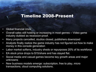 Timeline 2008-Present Global financial crisis Overall sales still holding or increasing in most genres – Video game industry dubbed as recession-proof. Many projects cancelled, studios closed, publishers downsized Analysts finally realize the game industry has not figured out how to make money in this console generation Labor market softens, industry sheds or repurposes 20% of its workforce EA stock price drops to $15/share and has stayed flat. Social media and casual games become key growth areas and major unknowns New business models emerge: subscription, free to play, micro transactions, cloud computing solutions. 