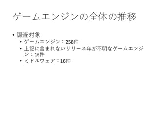 ゲームエンジンの全体の推移
• 調査対象
• ゲームエンジン：258件
• 上記に含まれないリリース年が不明なゲームエンジ
ン：16件
• ミドルウェア：16件
 