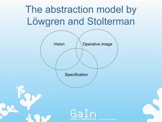 The abstraction model by
Löwgren and Stolterman

      Vision             Operative image




               Specification




                                © Annakaisa Kultima
 