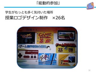 「能動的参加」
学生がもっとも多く気付いた場所
授業ロゴデザイン制作 ×26名
32
 