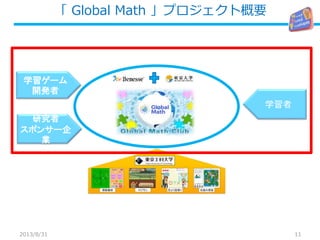 「 Global Math 」プロジェクト概要
112013/8/31
学習ゲーム
開発者
学習者
研究者
スポンサー企
業
 