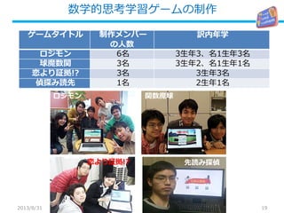 数学的思考学習ゲームの制作
19
ゲームタイトル 制作メンバー
の人数
訳内年学
ロジモン 6名 3生年3 名、 1生年3名
球魔数関 3名 3生年2 名、 1生年1名
恋より証拠!? 3名 3生年3名
読先み偵探 1名 2生年1名
2013/8/31
ロジモン 関数魔球
先読み探偵恋より証拠!?
 