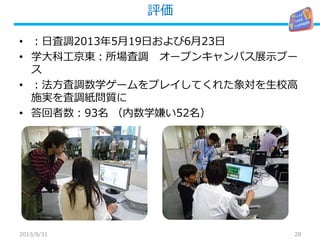 評価
28
• 日査調： 2013年5月19日および6月23日
• 所場査調：学大科工京東 オープンキャンパス展示ブー
ス
• 法方査調： 数学ゲームをプレイしてくれた 生校高を象対
に査調紙問質を施実
• 答回者数：93名 （内数学嫌い52名）
2013/8/31
 