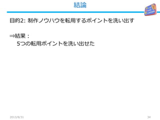 結論
34
目的2: 制作ノウハウを転用するポイントを洗い出す
⇒結果：
5つの転用ポイントを洗い出せた
2013/8/31
 