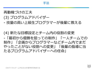 手法
再動機づけの工夫
(3) プログラムアドバイザー
- 技量の高い上級生プログラマーが後輩に教える
(4) 新たな目標設定とチーム内の役割の変更
-「最初から優勝を狙っての制作」「一人チームでの
制作」「企画からプログラマーなどチーム内でまだ
やったことがない役割への変更」「後輩の指導に当
たるプログラムアドバイザーへの任命」
日本デジタルゲーム学会2016年夏季研究発表大会
13
 