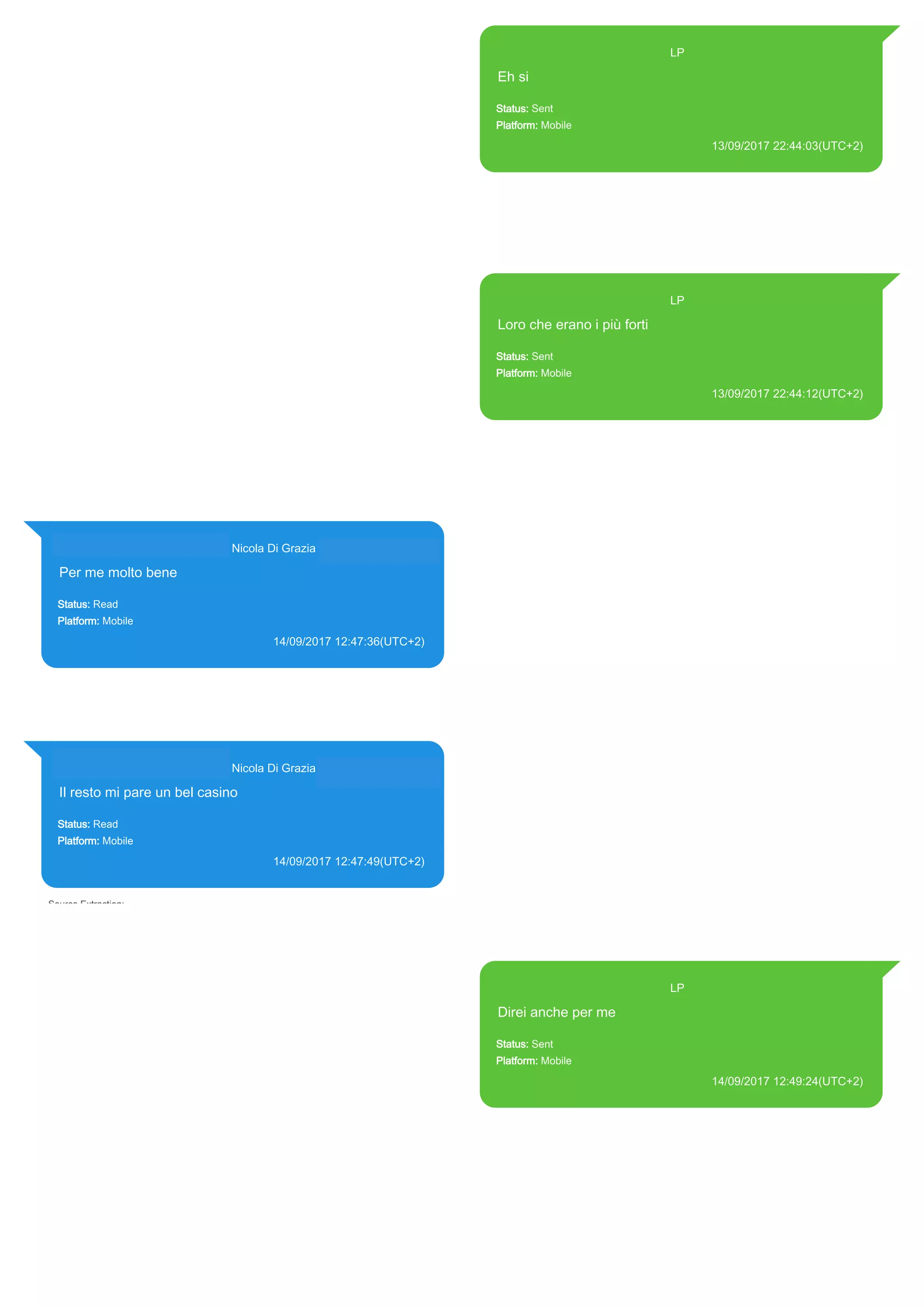 393371119961@s.whatsapp.net LP
Eh si
Status: Sent
Platform: Mobile
13/09/2017 22:44:03(UTC+2)
Source Extraction:
Logical (1)
Source:
iPhone XS di LP/Applications/group.net.whatsapp.WhatsApp.shared/ChatStorage.sqlite :
0x21D7275 (Table: ZWAMESSAGE, Size: 191373312 bytes)
iPhone XS di
LP/Applications/group.net.whatsapp.WhatsApp.shared/Library/Preferences/group.net.whatsap
p.WhatsApp.shared.plist : 0x86E (Size: 23298 bytes)
393371119961@s.whatsapp.net LP
Loro che erano i più forti
Status: Sent
Platform: Mobile
13/09/2017 22:44:12(UTC+2)
Source Extraction:
Logical (1)
Source:
iPhone XS di LP/Applications/group.net.whatsapp.WhatsApp.shared/ChatStorage.sqlite :
0x21D78C7 (Table: ZWAMESSAGE, Size: 191373312 bytes)
iPhone XS di
LP/Applications/group.net.whatsapp.WhatsApp.shared/Library/Preferences/group.net.whatsap
p.WhatsApp.shared.plist : 0x86E (Size: 23298 bytes)
393281440427@s.whatsapp.net Nicola Di Grazia (+39 328 144 0427)
Per me molto bene
Status: Read
Platform: Mobile
14/09/2017 12:47:36(UTC+2)
Source Extraction:
Logical (1)
Source:
iPhone XS di LP/Applications/group.net.whatsapp.WhatsApp.shared/ChatStorage.sqlite :
0x21FD6CA (Table: ZWAMESSAGE, ZWAGROUPMEMBER, Size: 191373312 bytes)
393281440427@s.whatsapp.net Nicola Di Grazia (+39 328 144 0427)
Il resto mi pare un bel casino
Status: Read
Platform: Mobile
14/09/2017 12:47:49(UTC+2)
Source Extraction:
Logical (1)
Source:
iPhone XS di LP/Applications/group.net.whatsapp.WhatsApp.shared/ChatStorage.sqlite :
0x21FDEFD (Table: ZWAMESSAGE, ZWAGROUPMEMBER, Size: 191373312 bytes)
393371119961@s.whatsapp.net LP
Direi anche per me
Status: Sent
Platform: Mobile
14/09/2017 12:49:24(UTC+2)
Source Extraction:
Logical (1)
Source:
iPhone XS di LP/Applications/group.net.whatsapp.WhatsApp.shared/ChatStorage.sqlite :
0x21FD649 (Table: ZWAMESSAGE, Size: 191373312 bytes)
iPhone XS di
LP/Applications/group.net.whatsapp.WhatsApp.shared/Library/Preferences/group.net.whatsap
p.WhatsApp.shared.plist : 0x86E (Size: 23298 bytes)
17837
 