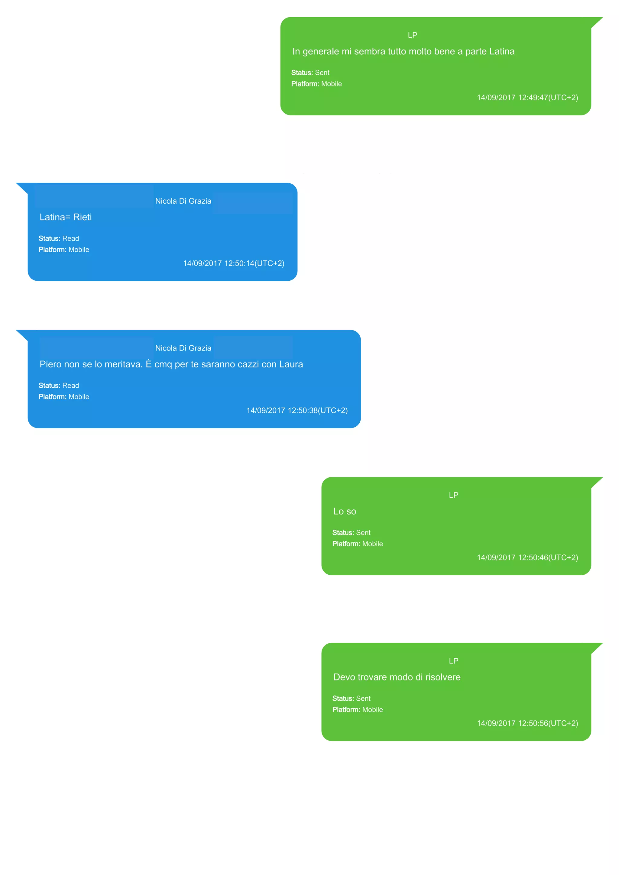 393371119961@s.whatsapp.net LP
In generale mi sembra tutto molto bene a parte Latina
Status: Sent
Platform: Mobile
14/09/2017 12:49:47(UTC+2)
Source Extraction:
Logical (1)
Source:
iPhone XS di LP/Applications/group.net.whatsapp.WhatsApp.shared/ChatStorage.sqlite : 0x21FD383 (Table:
ZWAMESSAGE, Size: 191373312 bytes)
iPhone XS di
LP/Applications/group.net.whatsapp.WhatsApp.shared/Library/Preferences/group.net.whatsapp.WhatsApp.s
hared.plist : 0x86E (Size: 23298 bytes)
393281440427@s.whatsapp.net Nicola Di Grazia (+39 328 144 0427)
Latina= Rieti
Status: Read
Platform: Mobile
14/09/2017 12:50:14(UTC+2)
Source Extraction:
Logical (1)
Source:
iPhone XS di LP/Applications/group.net.whatsapp.WhatsApp.shared/ChatStorage.sqlite :
0x21FD9DD (Table: ZWAMESSAGE, ZWAGROUPMEMBER, Size: 191373312 bytes)
393281440427@s.whatsapp.net Nicola Di Grazia (+39 328 144 0427)
Piero non se lo meritava. È cmq per te saranno cazzi con Laura
Status: Read
Platform: Mobile
14/09/2017 12:50:38(UTC+2)
Source Extraction:
Logical (1)
Source:
iPhone XS di LP/Applications/group.net.whatsapp.WhatsApp.shared/ChatStorage.sqlite : 0x21FDD9D (Table:
ZWAMESSAGE, ZWAGROUPMEMBER, Size: 191373312 bytes)
393371119961@s.whatsapp.net LP
Lo so
Status: Sent
Platform: Mobile
14/09/2017 12:50:46(UTC+2)
Source Extraction:
Logical (1)
Source:
iPhone XS di LP/Applications/group.net.whatsapp.WhatsApp.shared/ChatStorage.sqlite :
0x21FD8C4 (Table: ZWAMESSAGE, Size: 191373312 bytes)
iPhone XS di
LP/Applications/group.net.whatsapp.WhatsApp.shared/Library/Preferences/group.net.whatsap
p.WhatsApp.shared.plist : 0x86E (Size: 23298 bytes)
393371119961@s.whatsapp.net LP
Devo trovare modo di risolvere
Status: Sent
Platform: Mobile
14/09/2017 12:50:56(UTC+2)
Source Extraction:
Logical (1)
Source:
iPhone XS di LP/Applications/group.net.whatsapp.WhatsApp.shared/ChatStorage.sqlite :
0x21FD836 (Table: ZWAMESSAGE, Size: 191373312 bytes)
iPhone XS di
LP/Applications/group.net.whatsapp.WhatsApp.shared/Library/Preferences/group.net.whatsap
p.WhatsApp.shared.plist : 0x86E (Size: 23298 bytes)
17838
 