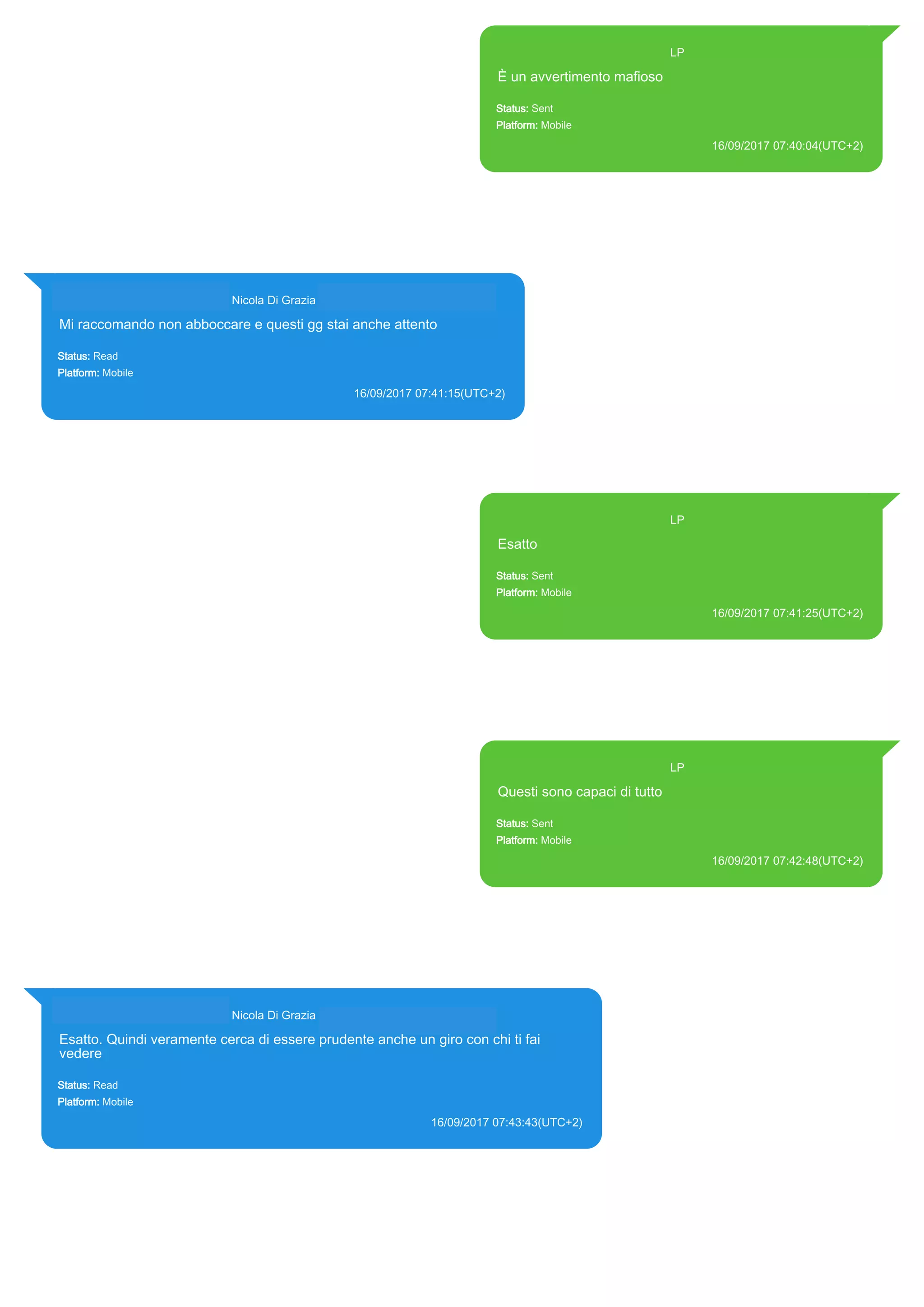 393371119961@s.whatsapp.net LP
È un avvertimento mafioso
Status: Sent
Platform: Mobile
16/09/2017 07:40:04(UTC+2)
Source Extraction:
Logical (1)
Source:
iPhone XS di LP/Applications/group.net.whatsapp.WhatsApp.shared/ChatStorage.sqlite :
0x7F57E0 (Table: ZWAMESSAGE, Size: 191373312 bytes)
iPhone XS di
LP/Applications/group.net.whatsapp.WhatsApp.shared/Library/Preferences/group.net.whatsap
p.WhatsApp.shared.plist : 0x86E (Size: 23298 bytes)
393281440427@s.whatsapp.net Nicola Di Grazia (+39 328 144 0427)
Mi raccomando non abboccare e questi gg stai anche attento
Status: Read
Platform: Mobile
16/09/2017 07:41:15(UTC+2)
Source Extraction:
Logical (1)
Source:
iPhone XS di LP/Applications/group.net.whatsapp.WhatsApp.shared/ChatStorage.sqlite : 0x7F5670 (Table:
ZWAMESSAGE, ZWAGROUPMEMBER, Size: 191373312 bytes)
393371119961@s.whatsapp.net LP
Esatto
Status: Sent
Platform: Mobile
16/09/2017 07:41:25(UTC+2)
Source Extraction:
Logical (1)
Source:
iPhone XS di LP/Applications/group.net.whatsapp.WhatsApp.shared/ChatStorage.sqlite :
0x7F5C0A (Table: ZWAMESSAGE, Size: 191373312 bytes)
iPhone XS di
LP/Applications/group.net.whatsapp.WhatsApp.shared/Library/Preferences/group.net.whatsap
p.WhatsApp.shared.plist : 0x86E (Size: 23298 bytes)
393371119961@s.whatsapp.net LP
Questi sono capaci di tutto
Status: Sent
Platform: Mobile
16/09/2017 07:42:48(UTC+2)
Source Extraction:
Logical (1)
Source:
iPhone XS di LP/Applications/group.net.whatsapp.WhatsApp.shared/ChatStorage.sqlite :
0x21B4C35 (Table: ZWAMESSAGE, Size: 191373312 bytes)
iPhone XS di
LP/Applications/group.net.whatsapp.WhatsApp.shared/Library/Preferences/group.net.whatsap
p.WhatsApp.shared.plist : 0x86E (Size: 23298 bytes)
393281440427@s.whatsapp.net Nicola Di Grazia (+39 328 144 0427)
Esatto. Quindi veramente cerca di essere prudente anche un giro con chi ti fai
vedere
Status: Read
Platform: Mobile
16/09/2017 07:43:43(UTC+2)
Source Extraction:
Logical (1)
Source:
iPhone XS di LP/Applications/group.net.whatsapp.WhatsApp.shared/ChatStorage.sqlite : 0x21B41E6 (Table: ZWAMESSAGE,
ZWAGROUPMEMBER, Size: 191373312 bytes)
17841
 