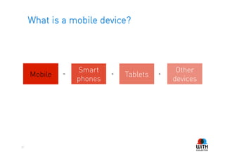 What is a mobile device?




                  Smart                       Other
     Mobile   =            +   Tablets   +
                  phones                     devices




37
 