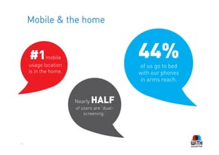Mobile & the home


     #1mobile
     usage location
                                             44%
                                             of us go to bed
     is in the home.                         with our phones
                                             in arms reach.


                       Nearly   HALF
                       of users are ‘dual-
                           screening.’




41
 