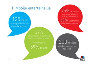 1. Mobile entertains us
                                                        75% of people
                                                         use smartphones
                                                        in off-time at work.
      125 years                                        60% use them on
     of Angry Birds are                                their daily commute.
      played every day.


                              37%
                      of Australia’s mobile data
                      traffic is related to video.

                           Predicted to be           200 million
                          69% by 2015.               playbacks a day on
                                                          YouTube.



44
 