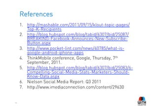 References
     1.  http://mashable.com/2011/09/15/klout-topic-pages/
         Top-K-Recipients
     2.  http://blog.hubspot.com/blog/tabid/6307/bid/25087/
         BREAKING-Facebook-Announces-New-Subscribe-
         Button.aspx
     3.  http://www.pocket-lint.com/news/40785/what-is-
         google-android-iphone-apps
     4.  ThinkMobile conference, Google, Thursday, 7th
         September, 2011.
     5.  http://blog.hubspot.com/blog/tabid/6307/bid/25083/6-
         Compelling-Social-Media-Stats-Marketers-Should-
         Know-Data.aspx
     6.  Nielson Social Media Report: Q3 2011
     7.  http://www.imediaconnection.com/content/29630


58
 