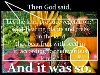 Then God said,
Let the land produce vegetation:*
seed-bearing plants and trees
on the land
that bear fruit with seed in
it, according to their various
kinds.*
And it was so.
 