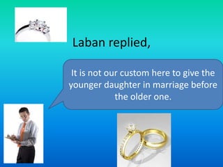 Laban replied,
It is not our custom here to give the
younger daughter in marriage before
the older one.

 