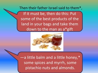 Then their father Israel said to them*,

If it must be, then do this: Put
some of the best products of the
land in your bags and take them
down to the man as a*gift

—a little balm and a little honey,*
some spices and myrrh, some
pistachio nuts and almonds.

 