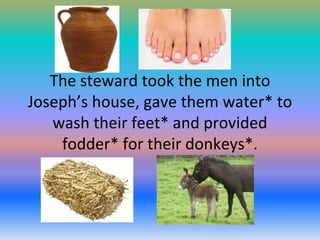 The steward took the men into
Joseph’s house, gave them water* to
wash their feet* and provided
fodder* for their donkeys*.

 