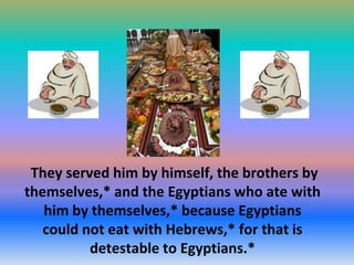 They served him by himself, the brothers by
themselves,* and the Egyptians who ate with
him by themselves,* because Egyptians
could not eat with Hebrews,* for that is
detestable to Egyptians.*

 