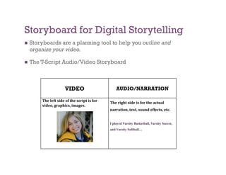 Storyboard for Digital Storytelling
    Storyboards are a planning tool to help you outline and
     organize your video.

    The T-Script Audio/Video Storyboard



                       VIDEO                       AUDIO/NARRATION

         The left side of the script is for    The right side is for the actual 
         video, graphics, images.
                                               narration, text, sound effects, etc. 


                                               I played Varsity Basketball, Varsity Soccer,
                                               and Varsity Softball…
 