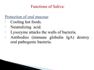 Functions of Saliva:
Protection of oral mucosa:
 Cooling hot foods.
 Neutralizing acid.
 Lysozyme attacks the walls of bacteria.
 Antibodies (immune globulin IgA) destroy
oral pathogenic bacteria.
 