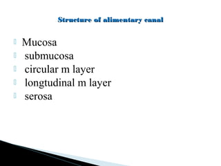  Mucosa
 submucosa
 circular m layer
 longtudinal m layer
 serosa
Structure of alimentary canalStructure of alimentary canal
 