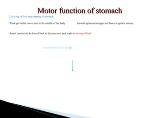 Motor function of stomachMotor function of stomach
2. Mixing of food and empting of stomach:
Weak peristaltic wave start in the middle of the body towards pylorus (stronger and faster at pyloric antrm).
Antral contents to be forced back to the proximal part leads to mixing of food
 
