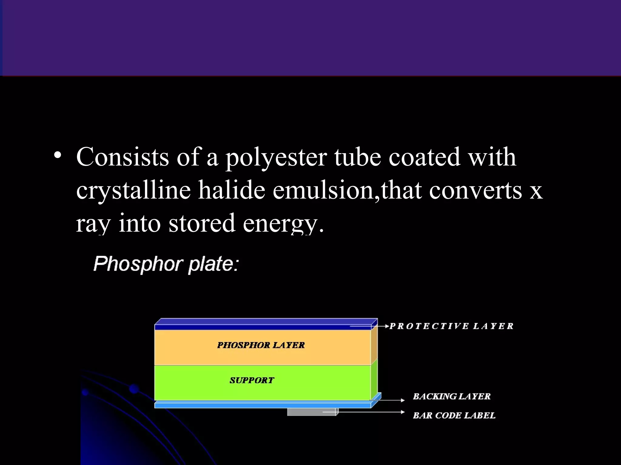 • Consists of a polyester tube coated with
crystalline halide emulsion,that converts x
ray into stored energy.
www.indiandentalacademy.com
 