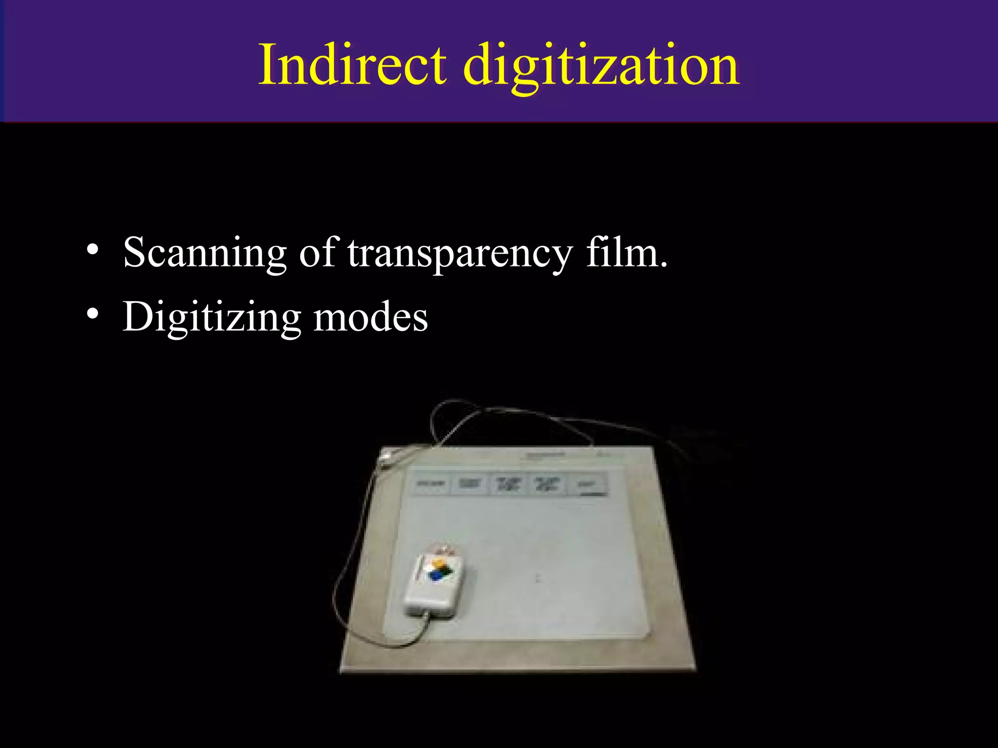 Indirect digitizationIndirect digitization
• Scanning of transparency film.
• Digitizing modes
www.indiandentalacademy.com
 