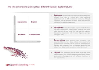The two dimensions spell out four different types of digital maturity
• Beginners do very little with advanced digital cap...