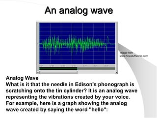 An analog wave



                                              Image from
                                              www.howstuffworks.com




Analog Wave
What is it that the needle in Edison's phonograph is
scratching onto the tin cylinder? It is an analog wave
representing the vibrations created by your voice.
For example, here is a graph showing the analog
wave created by saying the word "hello":
 