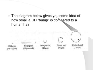    The diagram below gives you some idea of
    how small a CD ―bump‖ is compared to a
    human hair.
 