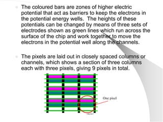    The coloured bars are zones of higher electric
    potential that act as barriers to keep the electrons in
    the potential energy wells. The heights of these
    potentials can be changed by means of three sets of
    electrodes shown as green lines which run across the
    surface of the chip and work together to move the
    electrons in the potential well along the channels.

   The pixels are laid out in closely spaced columns or
    channels, which shows a section of three columns
    each with three pixels, giving 9 pixels in total.




                                         One pixel



                               ©IKES07
 