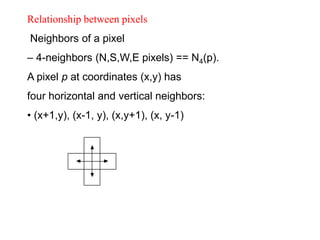 Relationship between pixels
Neighbors of a pixel
– 4-neighbors (N,S,W,E pixels) == N4(p).
A pixel p at coordinates (x,y) has
four horizontal and vertical neighbors:
• (x+1,y), (x-1, y), (x,y+1), (x, y-1)
 