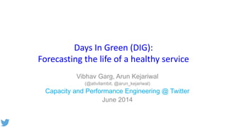 Days In Green (DIG):
Forecasting the life of a healthy service
Vibhav Garg, Arun Kejariwal
(@ativilambit, @arun_kejariwal)
Capacity and Performance Engineering @ Twitter
June 2014
 