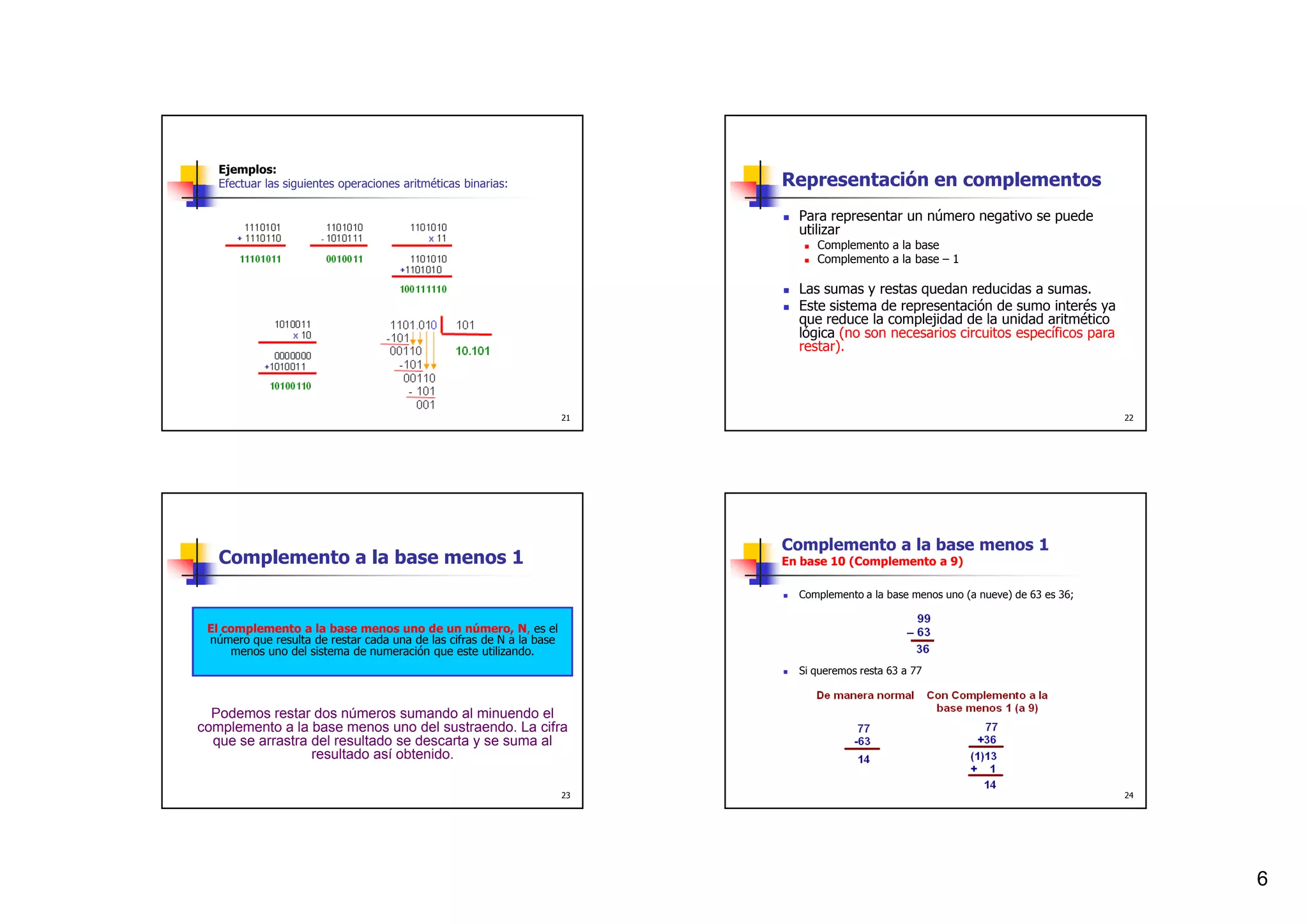 Ejemplos:
   Efectuar las siguientes operaciones aritméticas binarias:               Representación en complementos
                                                                             Para representar un número negativo se puede
                                                                             utilizar
                                                                                Complemento a la base
                                                                                Complemento a la base – 1

                                                                             Las sumas y restas quedan reducidas a sumas.
                                                                             Este sistema de representación de sumo interés ya
                                                                             que reduce la complejidad de la unidad aritmético
                                                                             lógica (no son necesarios circuitos específicos para
                                                                             restar).



                                                                      21                                                              22




                                                                           Complemento a la base menos 1
   Complemento a la base menos 1                                           En base 10 (Complemento a 9)

                                                                             Complemento a la base menos uno (a nueve) de 63 es 36;


 El complemento a la base menos uno de un número, N, es el
 número que resulta de restar cada una de las cifras de N a la base
     menos uno del sistema de numeración que este utilizando.
                                                                             Si queremos resta 63 a 77



  Podemos restar dos números sumando al minuendo el
complemento a la base menos uno del sustraendo. La cifra
  que se arrastra del resultado se descarta y se suma al
                  resultado así obtenido.

                                                                      23                                                              24




                                                                                                                                           6
 