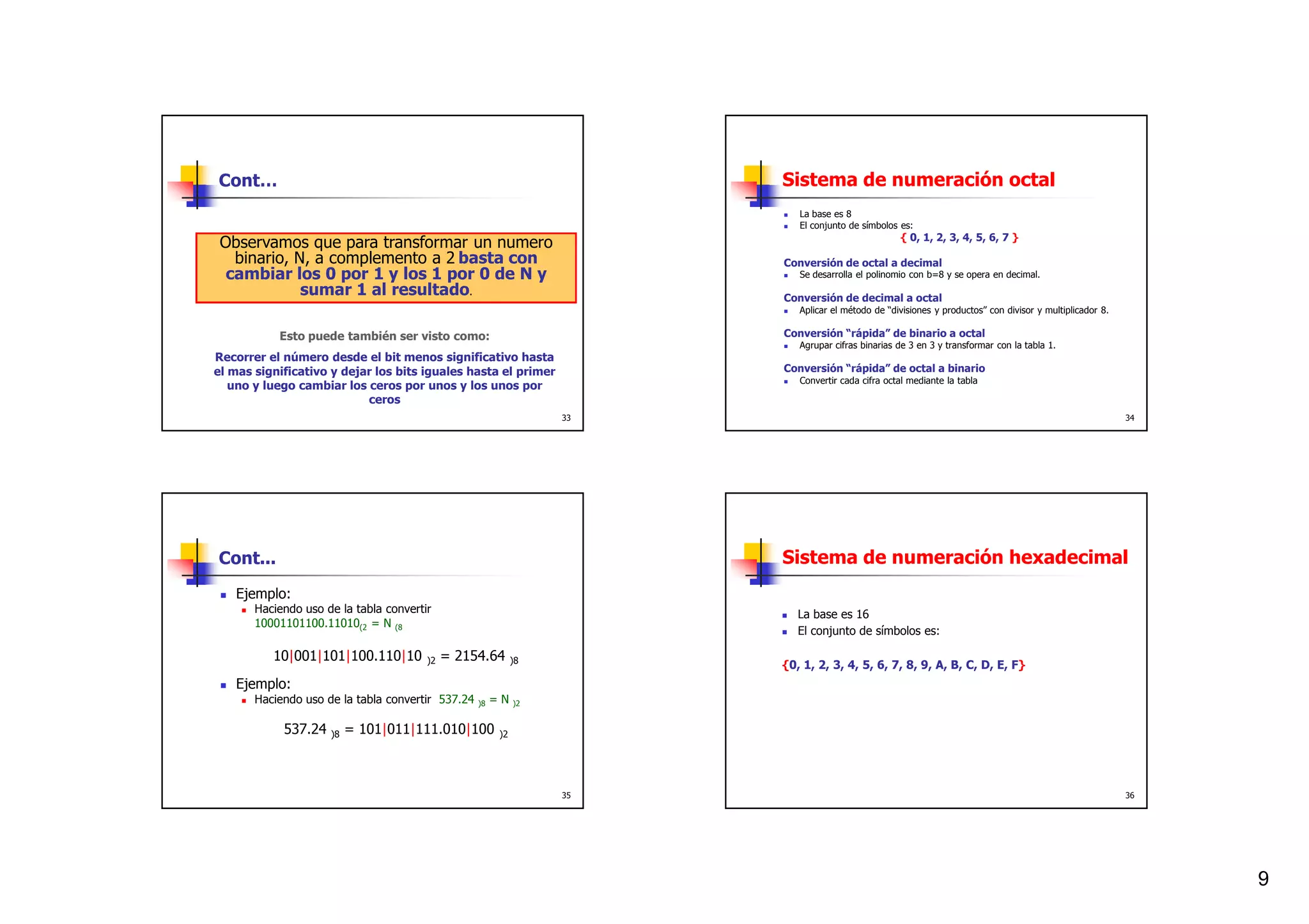 Cont…                                                                   Sistema de numeración octal
                                                                           La base es 8
                                                                           El conjunto de símbolos es:
                                                                                                   { 0, 1, 2, 3, 4, 5, 6, 7 }
 Observamos que para transformar un numero
   binario, N, a complemento a 2 basta con                              Conversión de octal a decimal
  cambiar los 0 por 1 y los 1 por 0 de N y                                 Se desarrolla el polinomio con b=8 y se opera en decimal.
             sumar 1 al resultado.                                      Conversión de decimal a octal
                                                                           Aplicar el método de “divisiones y productos” con divisor y multiplicador 8.

           Esto puede también ser visto como:                           Conversión “rápida” de binario a octal
                                                                           Agrupar cifras binarias de 3 en 3 y transformar con la tabla 1.
Recorrer el número desde el bit menos significativo hasta
el mas significativo y dejar los bits iguales hasta el primer           Conversión “rápida” de octal a binario
                                                                           Convertir cada cifra octal mediante la tabla
   uno y luego cambiar los ceros por unos y los unos por
                           ceros
                                                                   33                                                                                     34




Cont...                                                                 Sistema de numeración hexadecimal
   Ejemplo:
       Haciendo uso de la tabla convertir                                  La base es 16
       10001101100.11010(2 = N (8
                                                                           El conjunto de símbolos es:

          10|001|101|100.110|10         )2   = 2154.64        )8
                                                                        {0, 1, 2, 3, 4, 5, 6, 7, 8, 9, A, B, C, D, E, F}
   Ejemplo:
       Haciendo uso de la tabla convertir 537.24   )8   =N    )2


            537.24   )8   = 101|011|111.010|100          )2




                                                                   35                                                                                     36




                                                                                                                                                               9
 