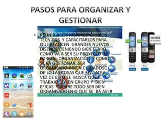 • REUNIR A LOS MEJORES GRUPOS
TECNICOS Y CAPACITARLOS PARA
QUE REALICEN GRANDES NUEVOS
DISEÑOS TENIENDO BIEN CLARO
COMO VA A SER SU PROYECTO DE
FORMA ORGANIZACIÓN Y COMO
SE VA GESTIONAR SER
ORGANISADO Y BIEN CUIDADOSO
DE LO LAS COSAS QUE SEA ATRA
VEZ DE ESTO SE BUSCA QUE EL
TRABAJO SEA EN GRUPO Y BIEN
EFICAS Y SOBRE TODO SER BIEN
ORGANISADOEN O QUE SE BA ASER
 
