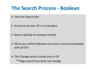 The Search Process - Boolean Use one Search Box Access to all your SE’s in one place Search quickly to compare results Must use uniform Boolean to ensure cross-functionality with all SE’s Can Change search string once in SE **Diigo search box does not change 
