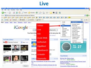Live Yahoo Live Ask Zuula Web IceRocket GigaBlast ZabaSearch Linkedin Zoominfo 